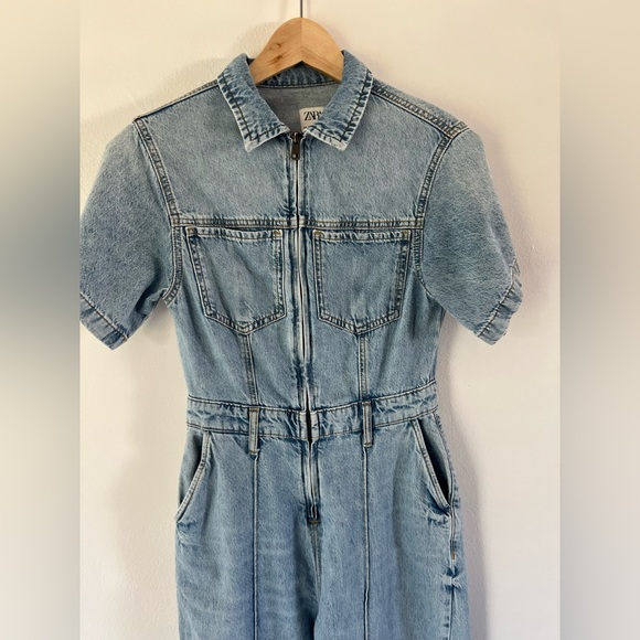Zara Denim Short Sleeve Wide Leg Jean Jumpsuit Size Small - Picture 5 of 15